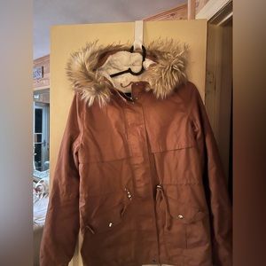 LOVE TREE - Camel / Tan colored hooded jacket w/ removable fur. lined w/ Sherpa